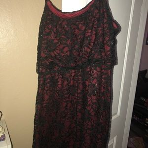 Red mini dress black lace overlay